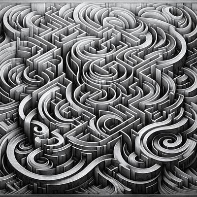 The primary subject of the image is a complex and intricate pattern, which appears to be a maze or a puzzle. The setting is a black and white background, which adds to the visual style of the image. The overall atmosphere is one of intrigue and challenge, as the viewer attempts to decipher the pattern. The colors and mood are primarily black and white, with some grays and shades, creating a sense of depth and contrast.